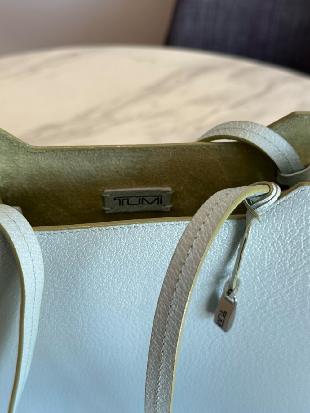 Vintage Y2K TUMI Light Blue Leather Magazine Tote Bag w/ Pouch - Picture 11 of 16